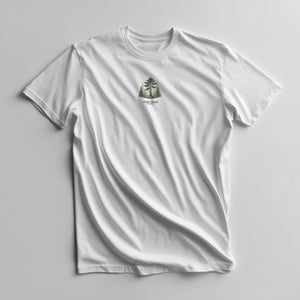 White graphic tee with a multicolour fir tree and Lone Creek Apparel text on the front chest