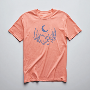 Blue line art nighttime camping scene on a Coral lightweight cotton tee