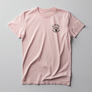 Black deer badge graphic with No Easy Miles text on a Pink graphic tee