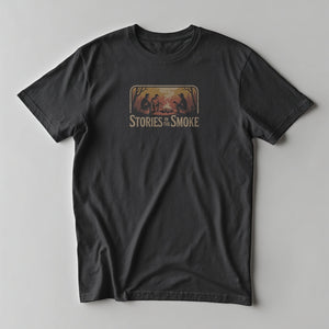 Multicolour campfire scene with three figures and Stories in the Smoke text on a Black graphic tee