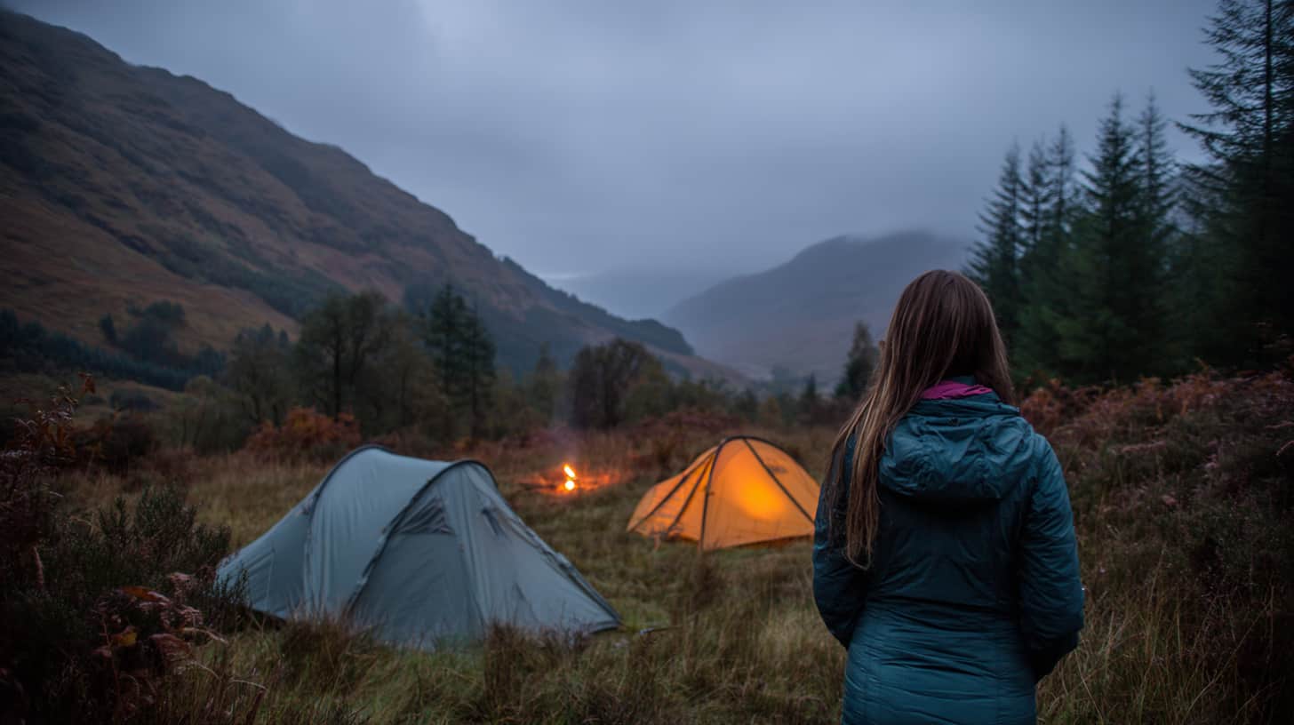 Camper from behind standing between two tents at dusk, looking toward distant campfire of neighbouring pitch, soft conversation implied, Scottish glen background, quiet evening atmosphere