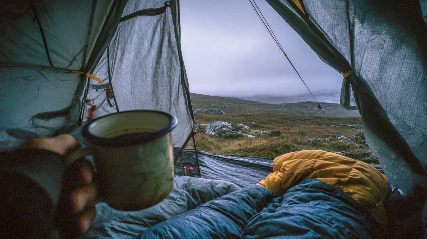  Camper sitting cross-legged in sleeping bag on inflatable pad inside small tent, holding enamel mug, Scottish Highland moorland visible through mesh door