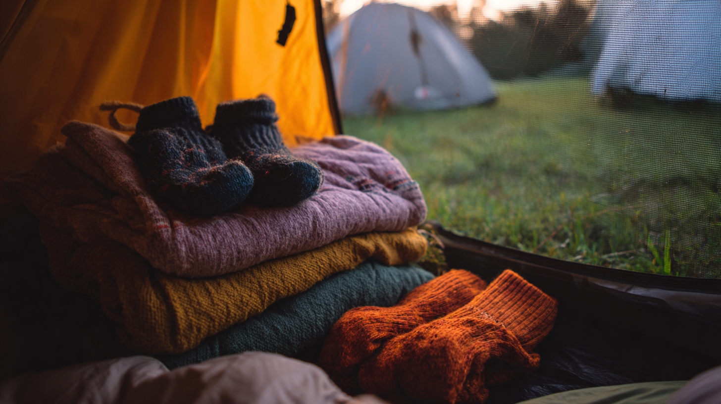 Person sitting at tent entrance in comfortable sleep clothes at a Lake District campsite during dusk
