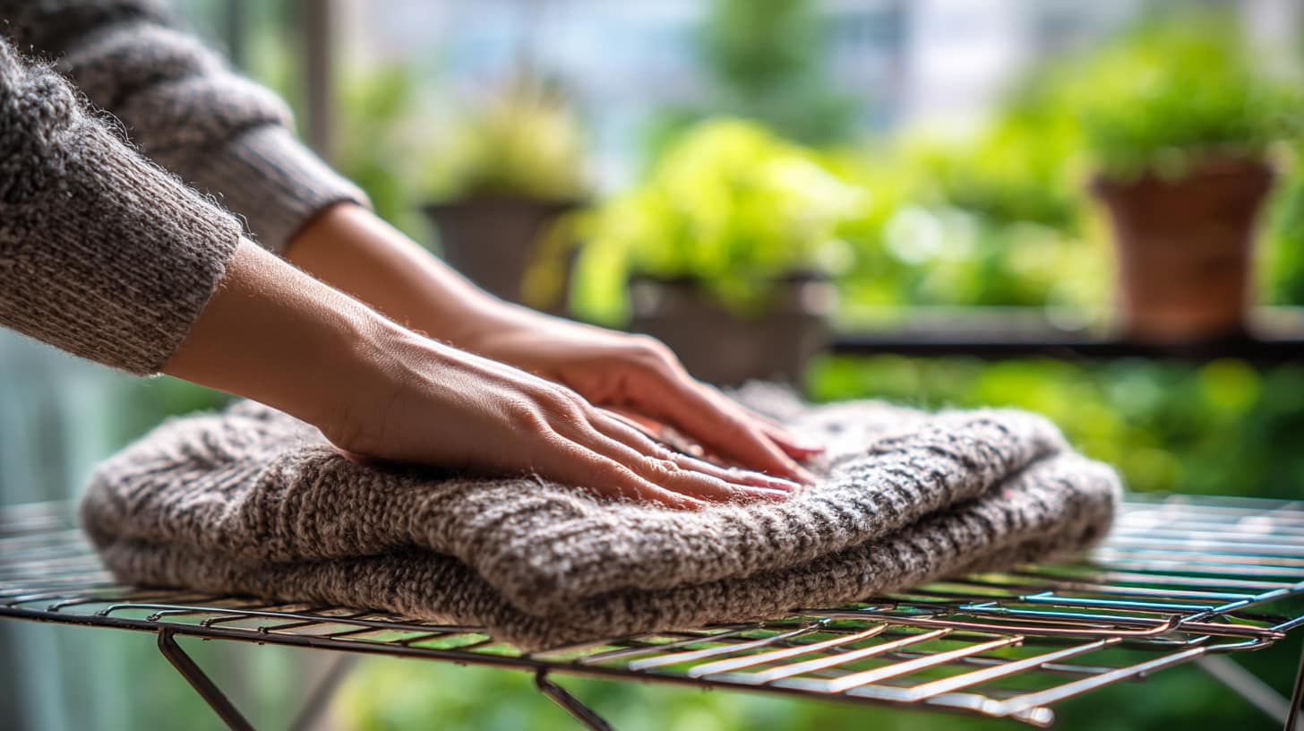 Close-up of hands gently reshaping a damp merino wool jumper laid flat