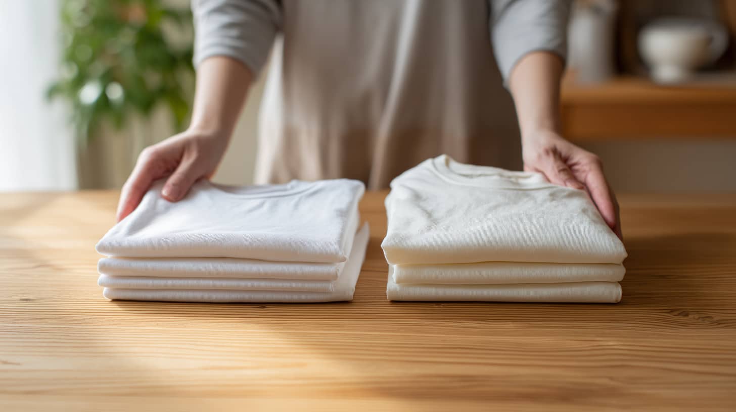  Close-up of hands holding two plain cotton t-shirts side by side comparing fabric texture, kitchen table with morning light, one fabric visibly smoother than the other