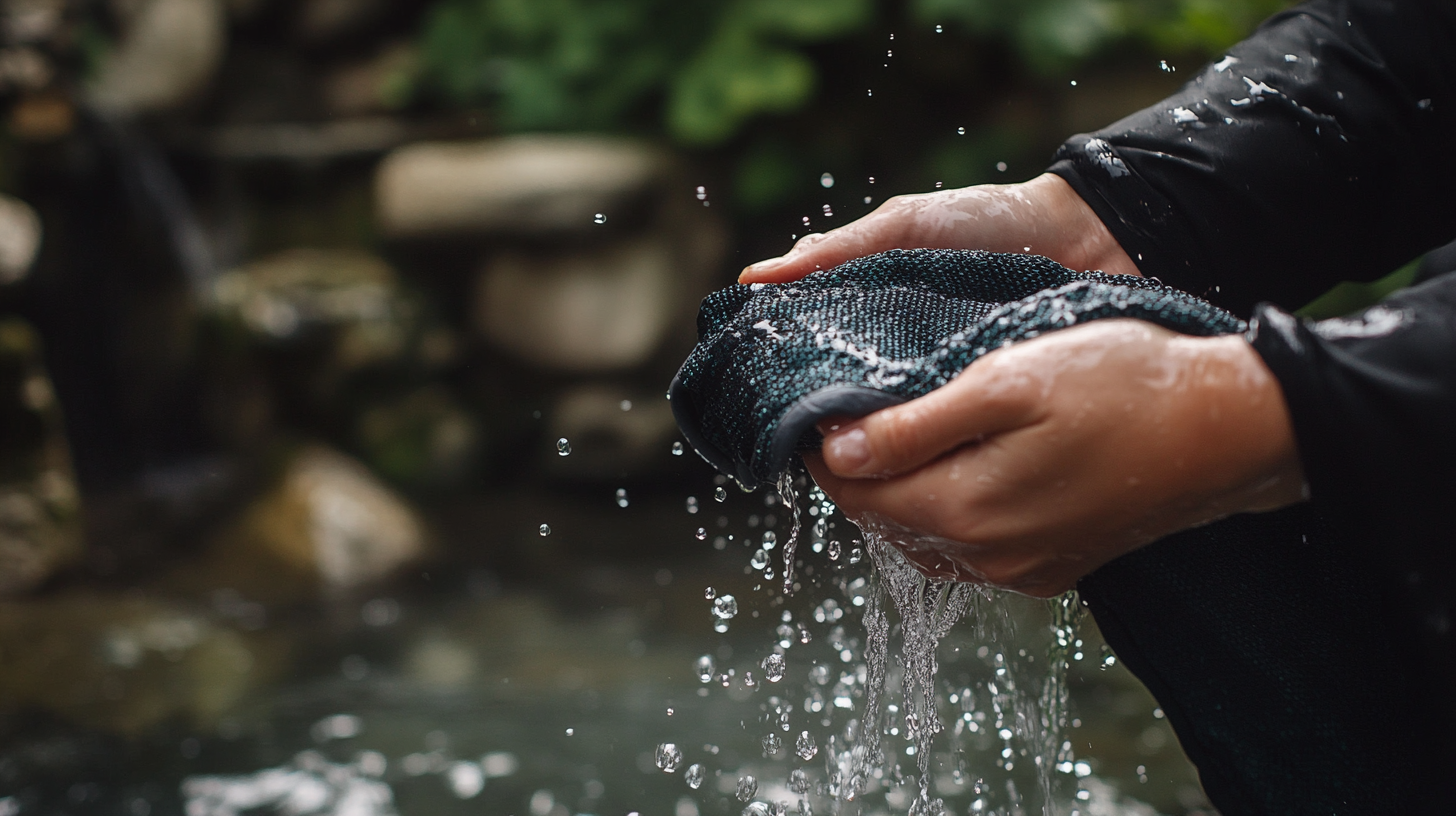 synthetic clothing being washed in a stream
