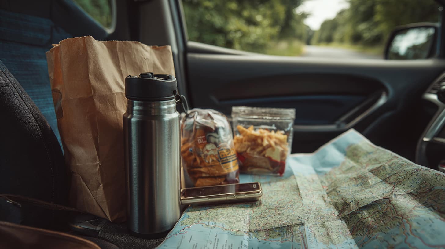 Close-up of road trip essentials on car passenger seat: thermos, snacks in paper bag, phone on mount, OS map folded, UK A-road visible through windscreen