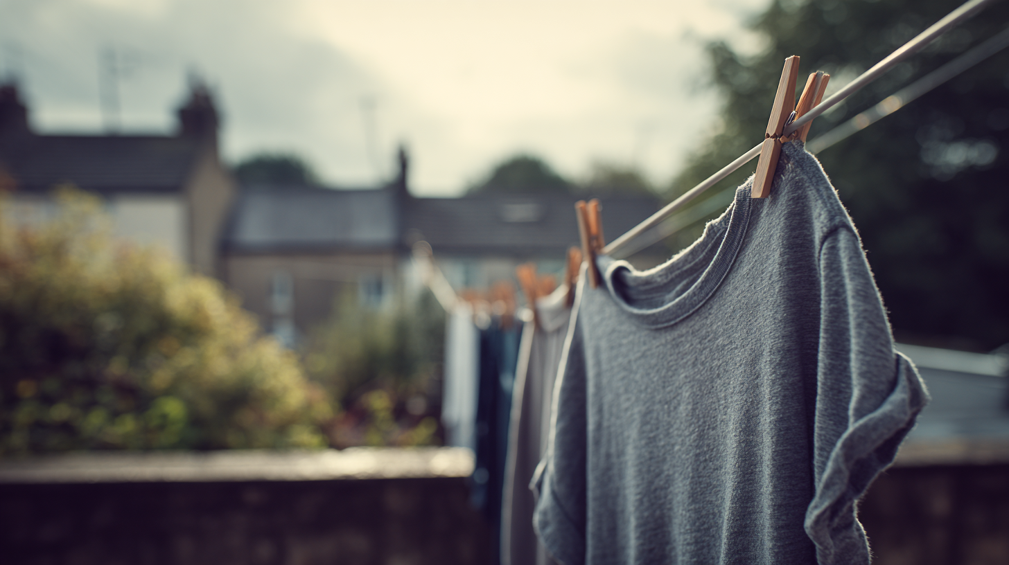 Cotton t-shirt hanging on outdoor washing line in overcast British garden light, slightly shortened from shrinkage
