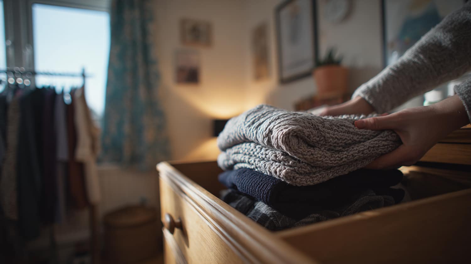 Neatly folded stack of jumpers in a drawer using the file-fold method