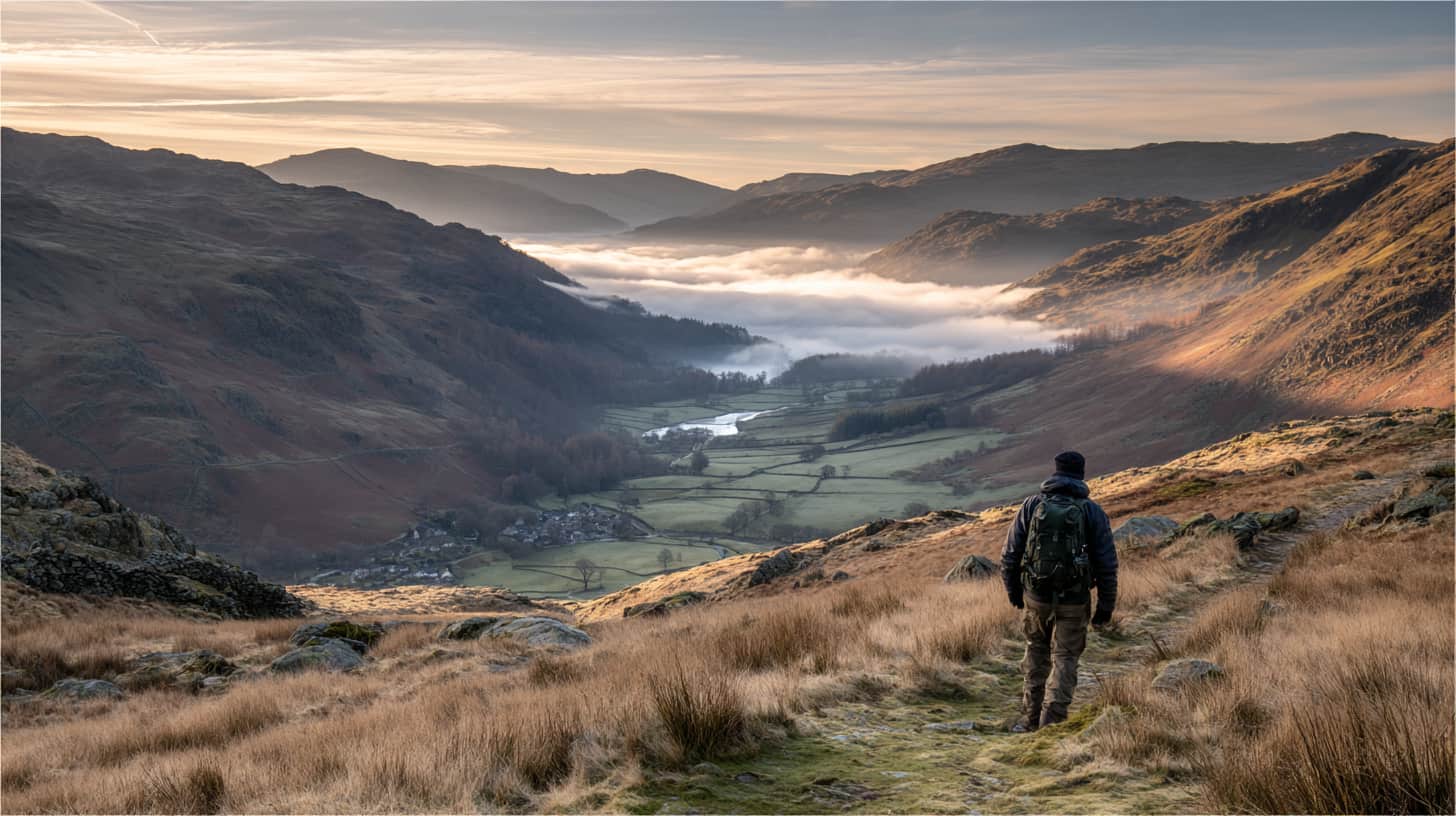 Hiker adjusting layers on Lake District footpath in early spring morning, patches of green emerging through brown winter grass, low cloud lifting from valley