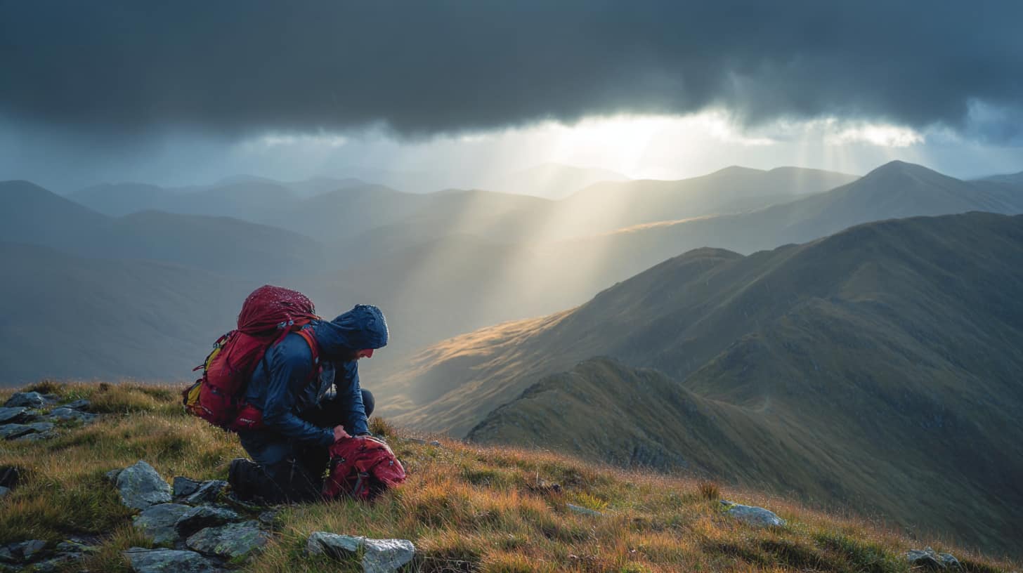 Hiker adjusting rucksack layers on Scottish Highland ridge, dramatic weather approaching in distance, patches of sunlight through cloud