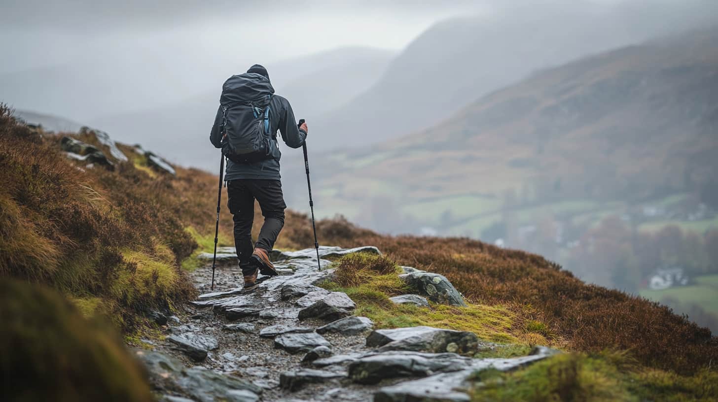 Hiker carefully descending steep rocky path in the Lake District, walking poles planted for stability, knees slightly bent in controlled descent, stone steps and loose rock underfoot, fells stretching behind