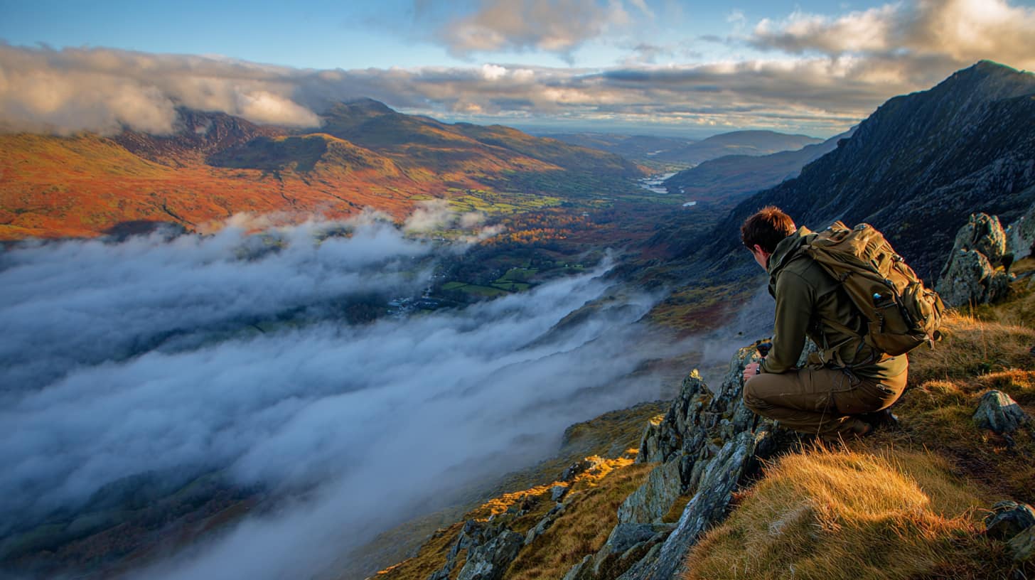 Hillwalker adjusting merino base layer on Snowdonia ridge, morning cloud rolling through the valley below, changeable autumn conditions, exposed terrain with distant peaks
