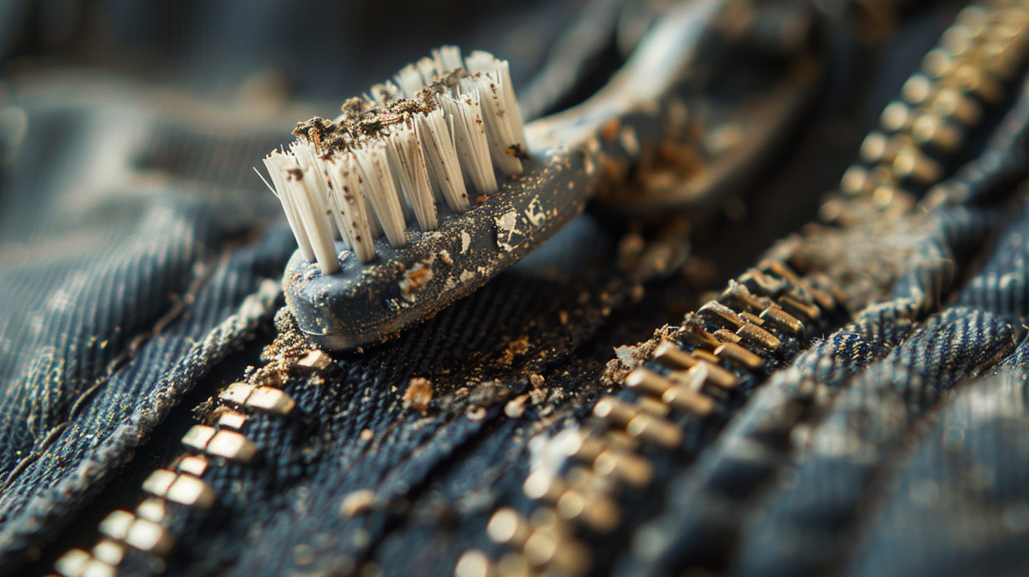 Walking jacket with zip partially open showing metal teeth and slider, preparing for routine zip maintenance