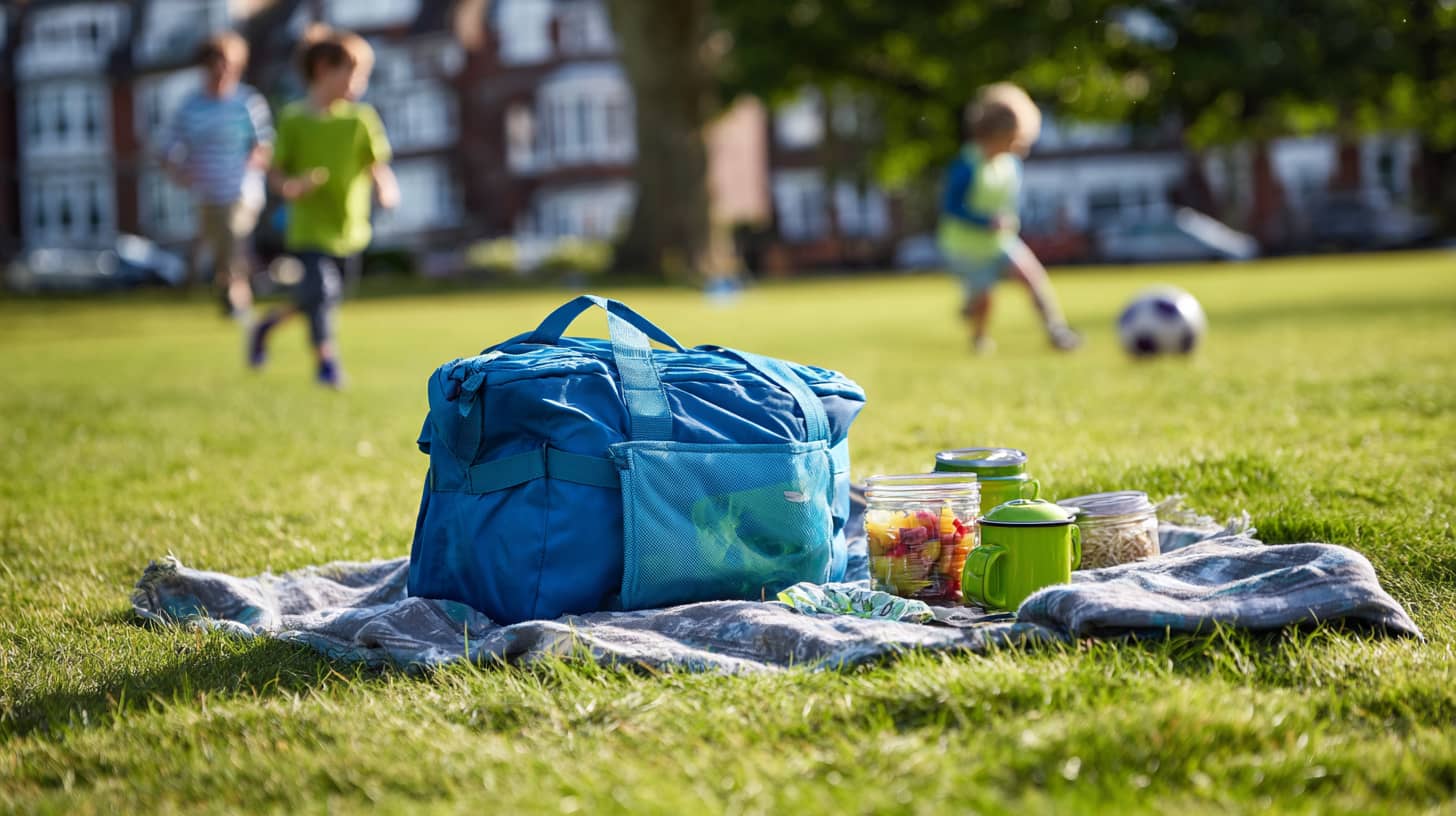 Children playing with a ball on park grass after a family picnic with blanket and bags visible behind them