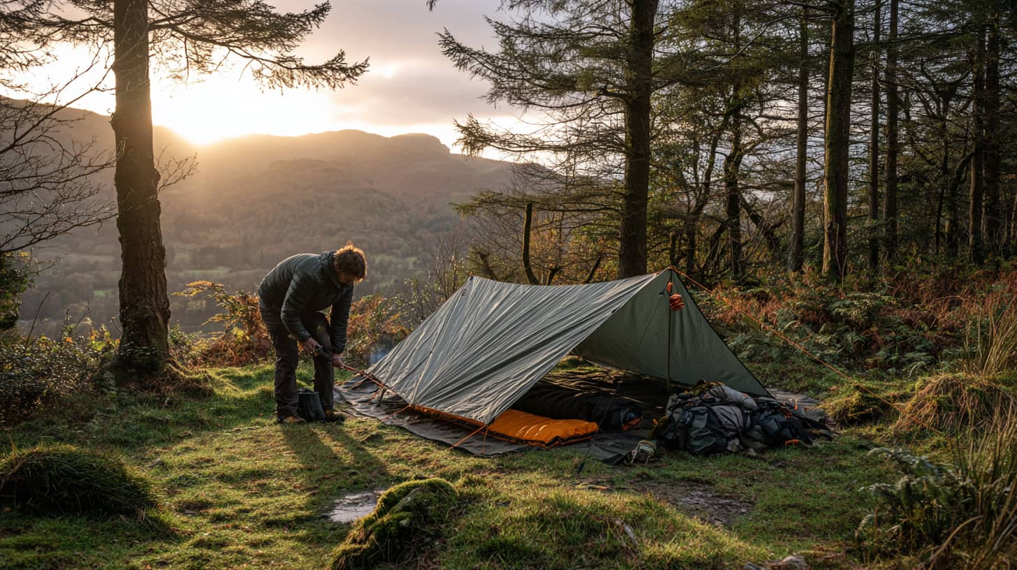 Person adjusting guy ropes on a tarp shelter at a woodland campsite, Lake District hills visible through trees, late afternoon light, bivvy bag and rucksack visible underneath