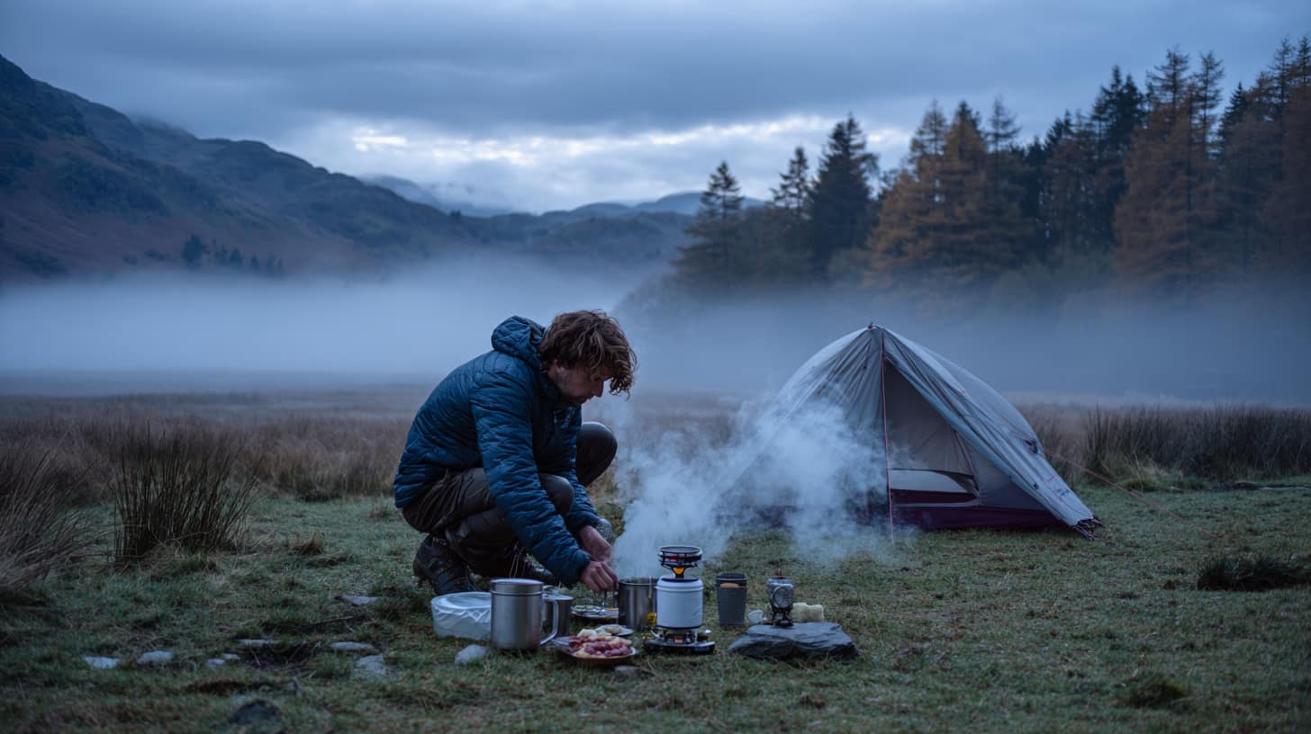 Person crouching beside a camping stove preparing a simple meal on a Lake District campsite, morning mist over the adjacent field, scattered food items and an enamel mug on a flat stone nearby