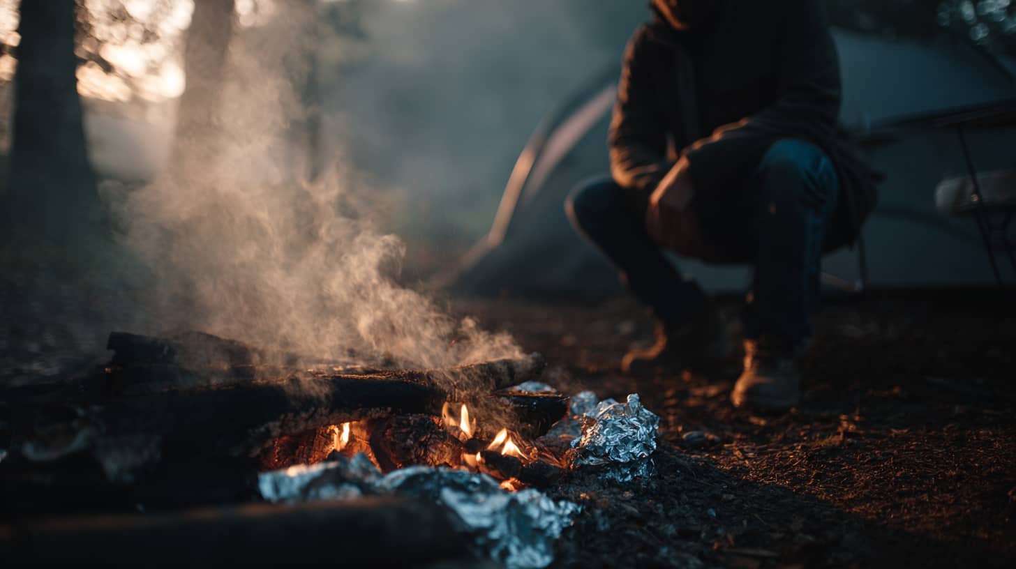 Person crouching by campfire with glowing coals at a UK campsite, evening light, smoke drifting gently, woodland campsite setting with tent in background, foil packets visible on the coal bed