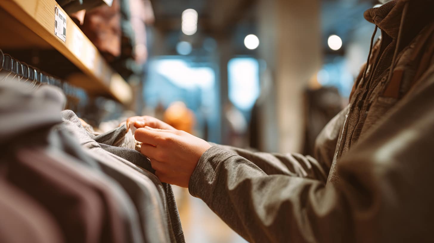  Person examining garment label on a merino base layer inside a gear shop