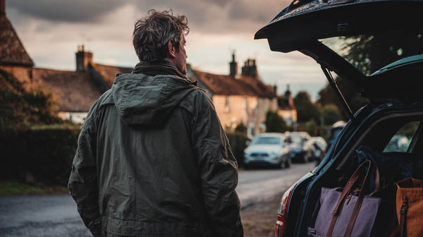 Person from behind standing at car boot, weekend bags visible inside, looking toward Cotswolds village in afternoon light, jacket draped over arm, quiet moment before departure