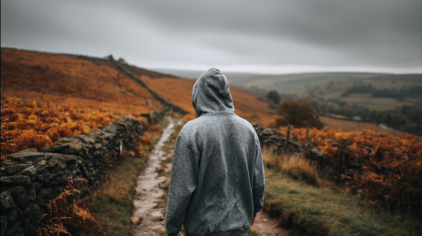 Cotton hoodie worn on autumn moorland walk with hood up, Peak District hills visible in background, overcast sky showing changeable UK weather conditions