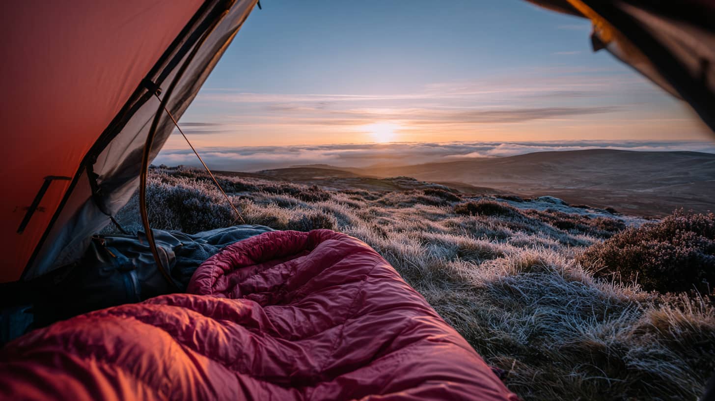 Person inside sleeping bag at dawn in a wild camping pitch, Scottish Highland moorland stretching behind, frost on tent flysheet, first light turning clouds gold, breath visible in cold morning air