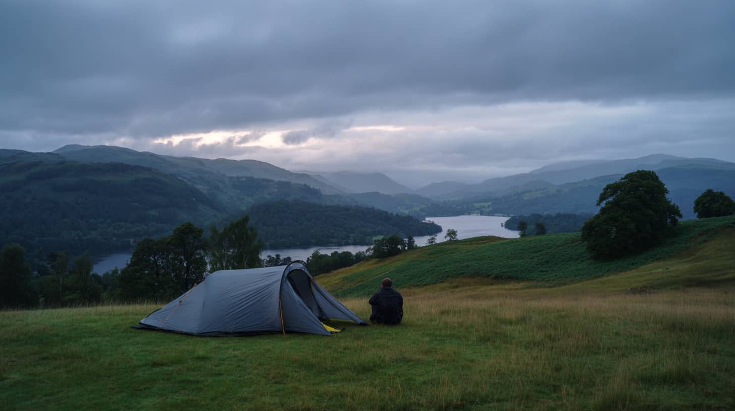 Person kneeling beside a half-pitched dome tent on a Lake District campsite, overcast sky with light rain beginning, green fells in background, late afternoon light