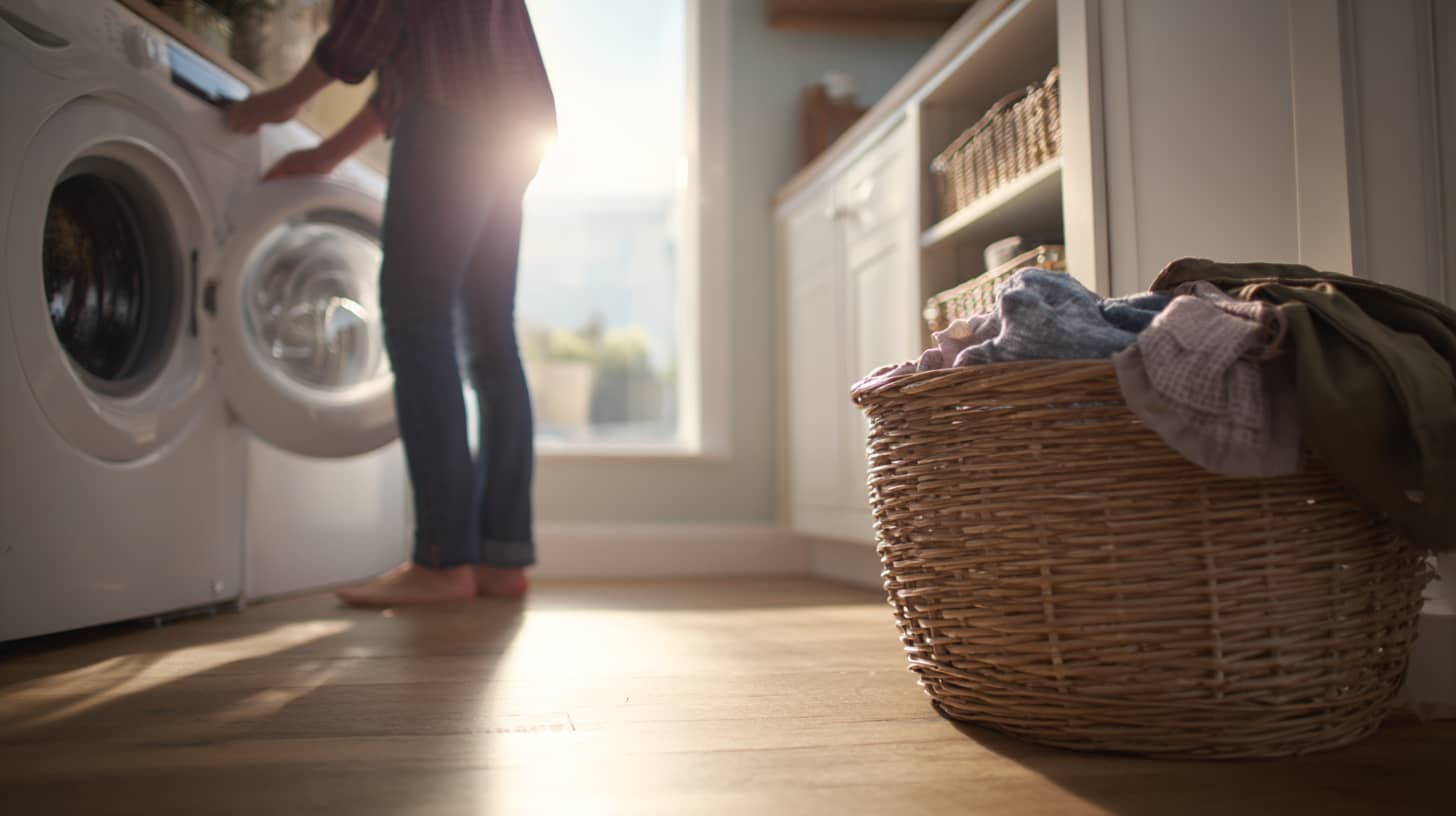  Person loading a washing machine in a bright utility room, morning light through small window, laundry basket with mixed outdoor clothing on the floor beside them