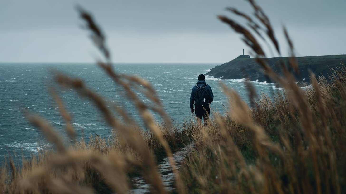 Person pausing mid-stride on a coastal footpath looking out to sea Devon coastline, wind-swept grass, grey-green Atlantic water, candid moment of stillness during a walk.