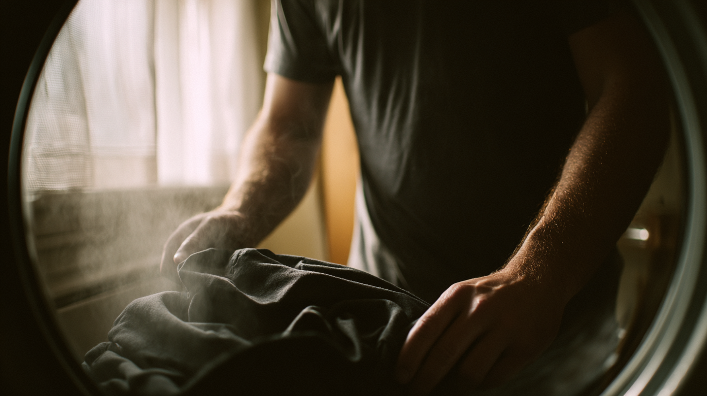 man taking cotton tshirts out of the dryer