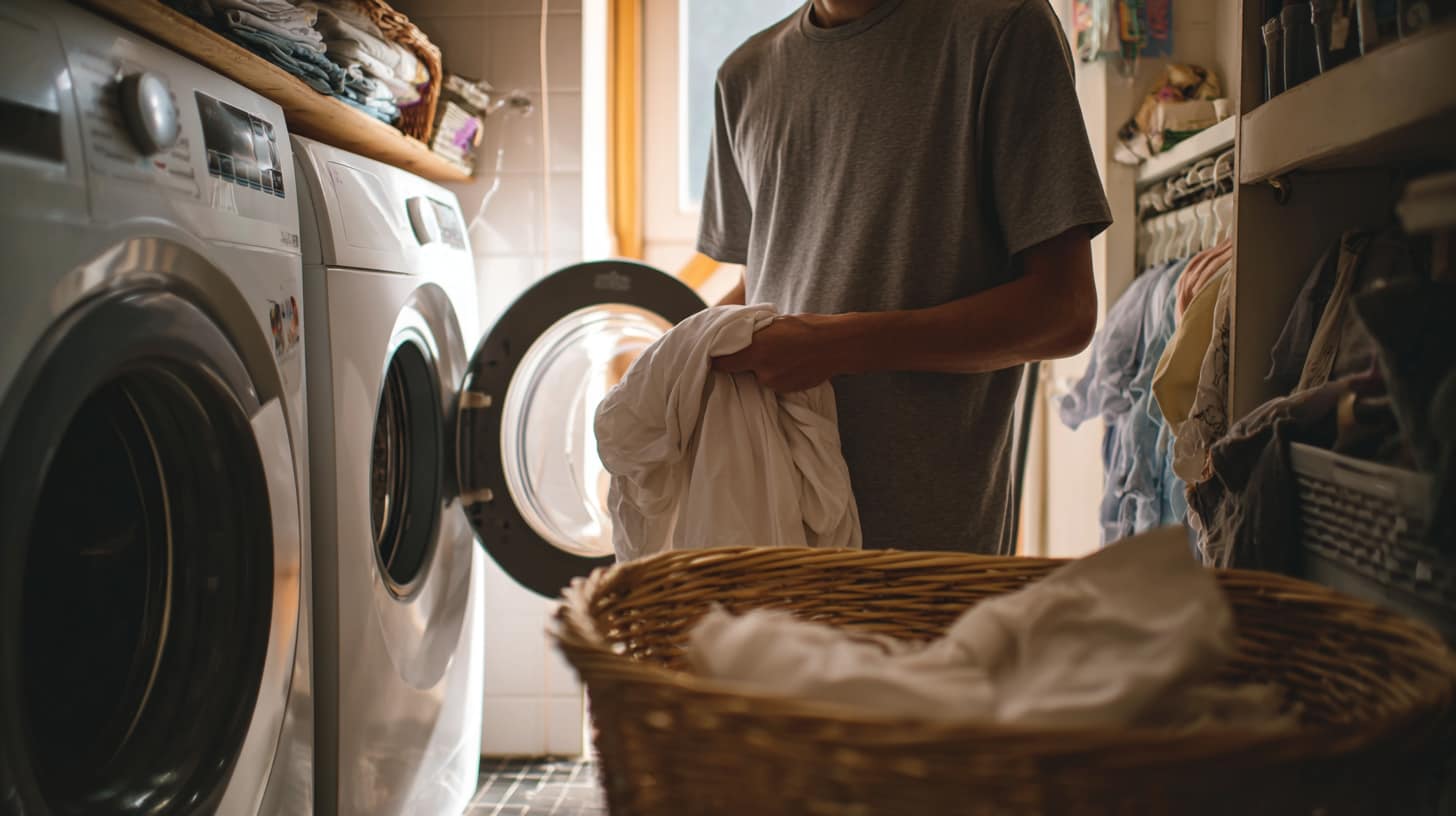 A man unloading a tumble drier in a small British flat during winter