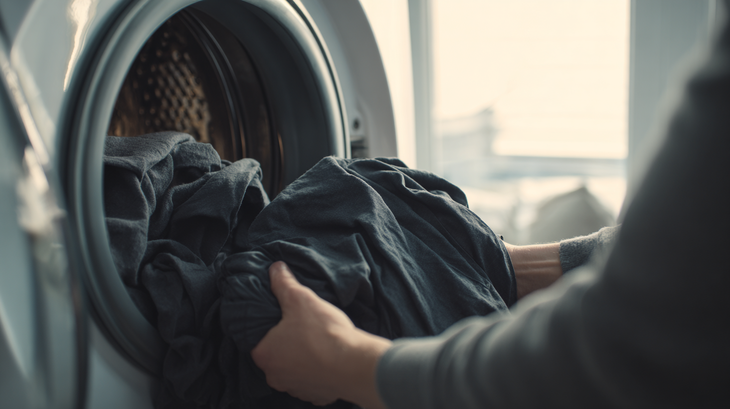  Cotton tshirts being put into a washing machine for cleaning