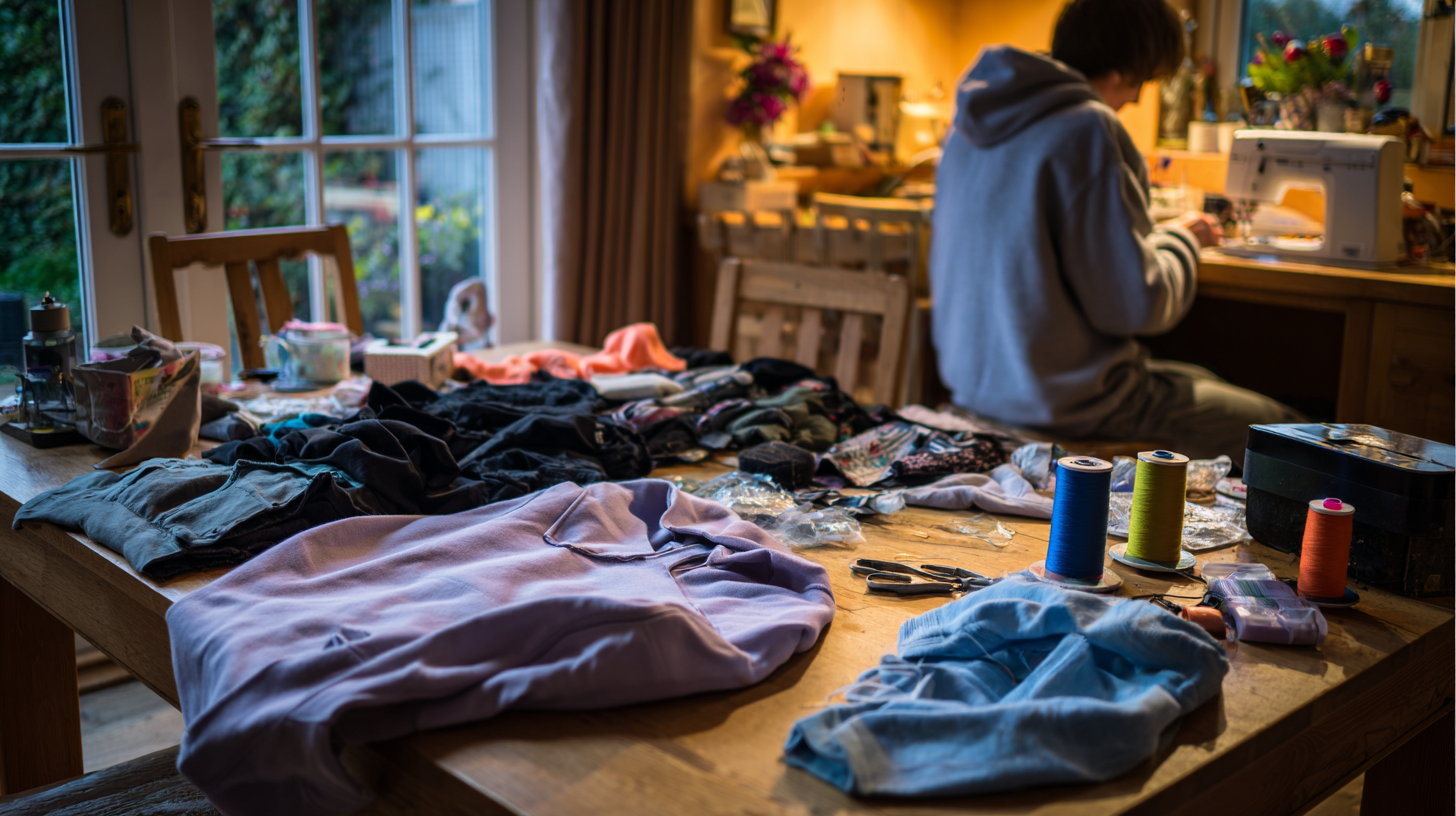 a man repairing a ripped hoodie