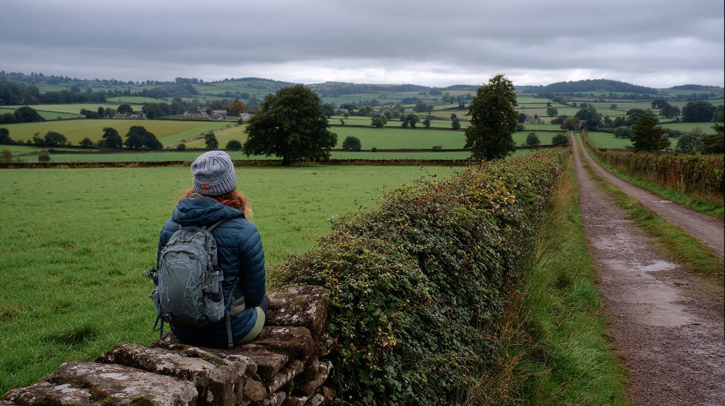 Person sitting on a stone wall beside a hedgerow footpath, flask open, looking across green fields under overcast English sky