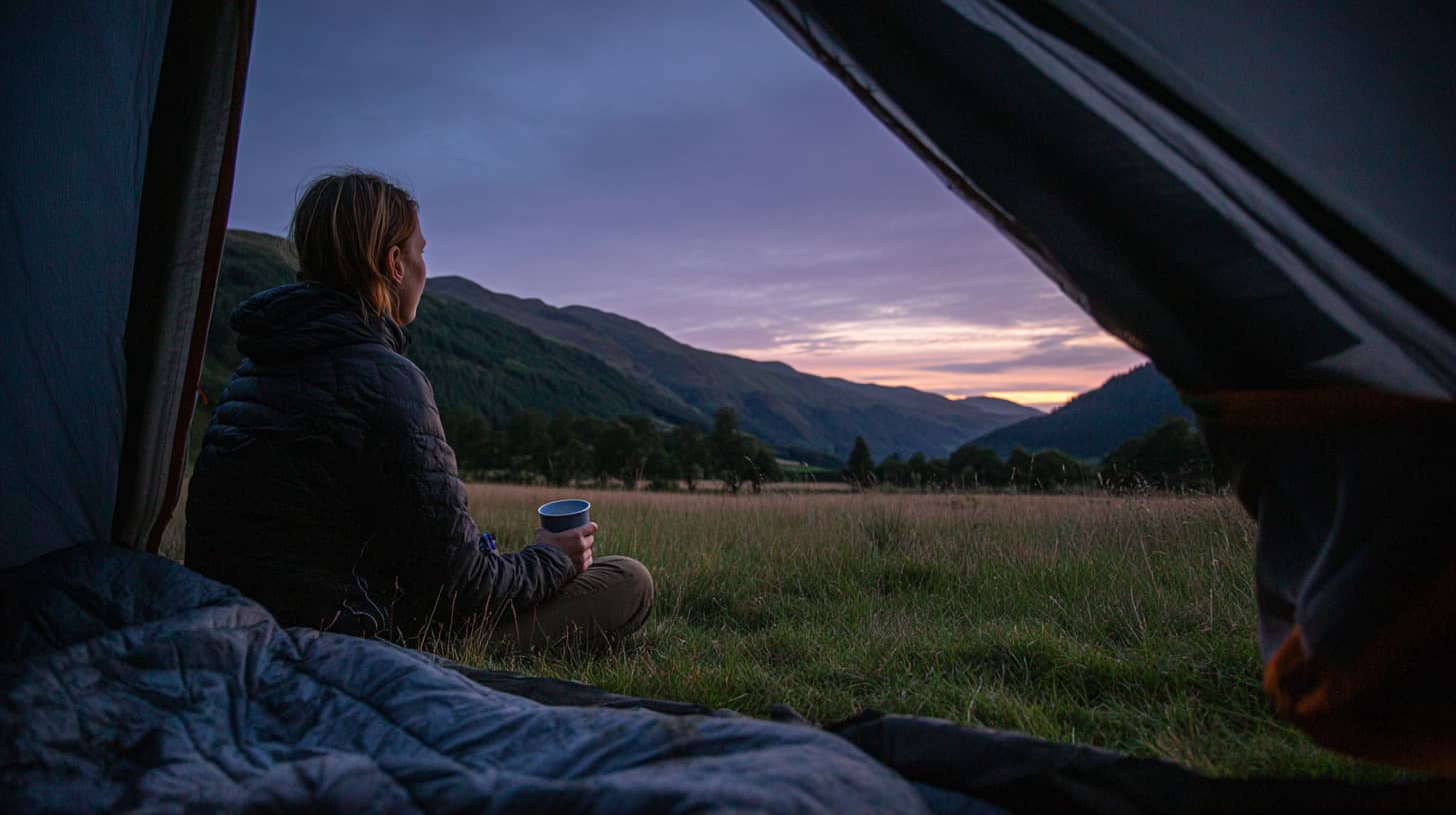  Person sitting outside tent at twilight watching a fox at distance across a UK campsite field, head torch around neck, mug in hand, Scottish Highland hills behind
