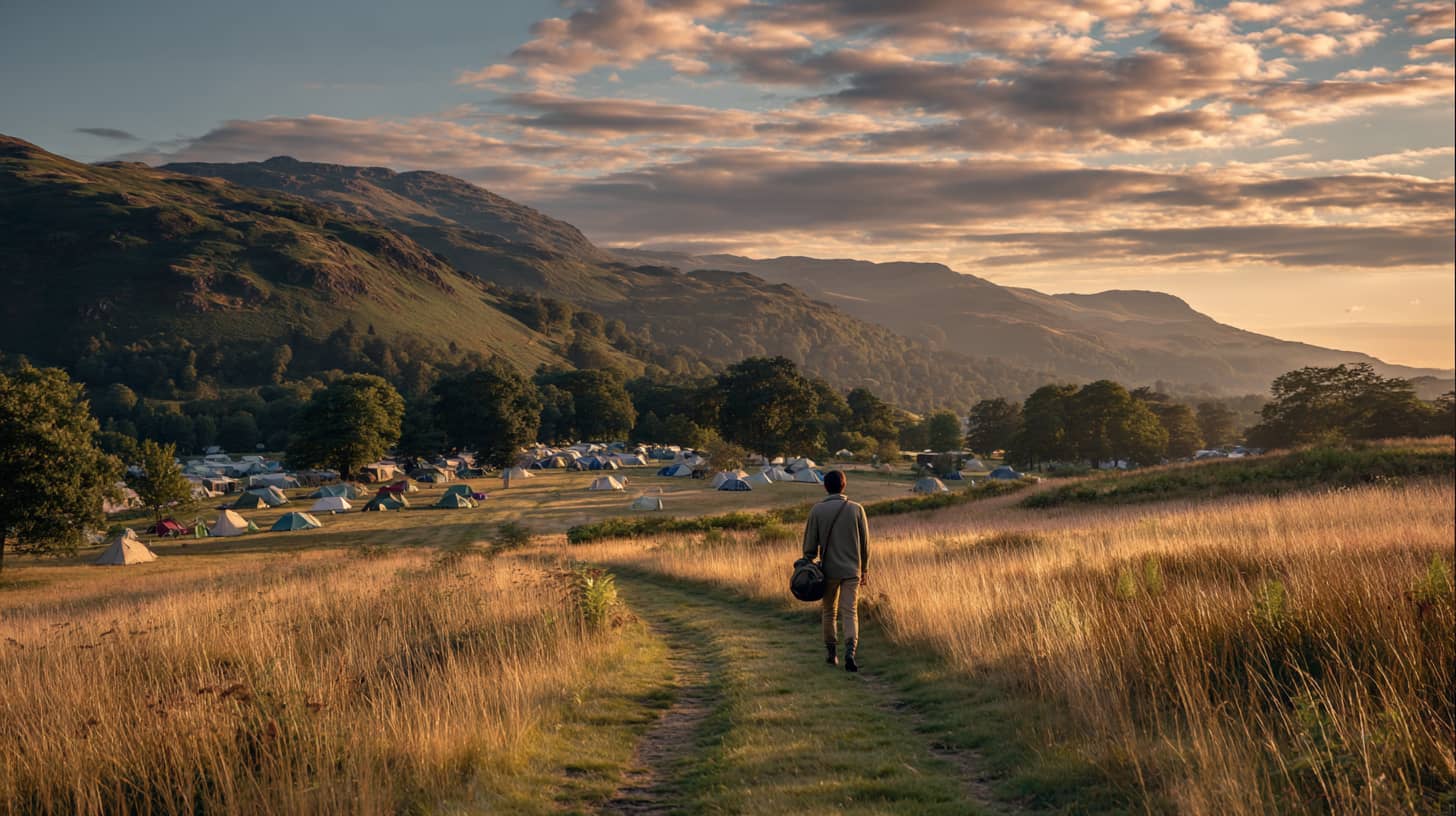 Person walking slowly through a UK campsite at golden hour, assessing grass pitches with tent bag on shoulder, Lake District fells in background, scattered tents visible