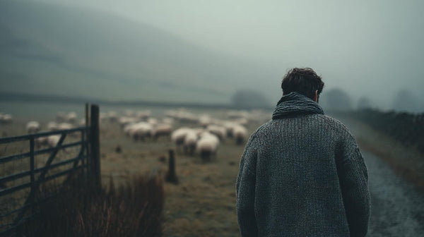 Person wearing a thick traditional wool jumper walking through misty Lake District farmland, sheep visible in background field