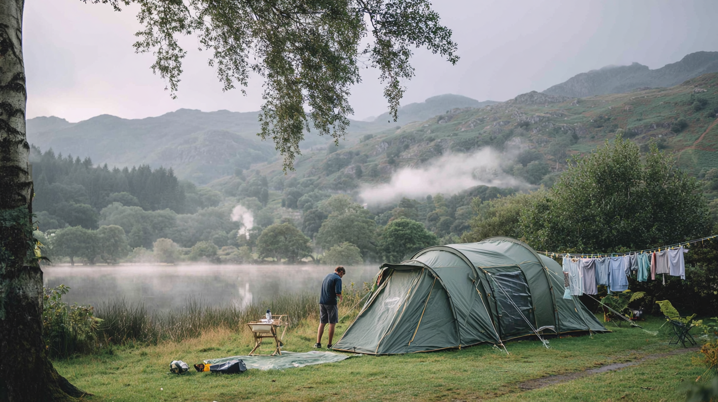 Clothesline strung between two trees at a campsite with t-shirts and base layers hanging to dry in overcast conditions