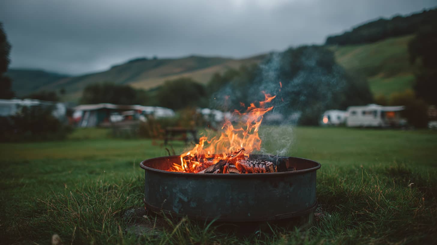 Small campfire burning in a portable steel fire pit at a UK campsite, evening dusk light, rolling green hills in background, faint smoke drifting across grass pitches