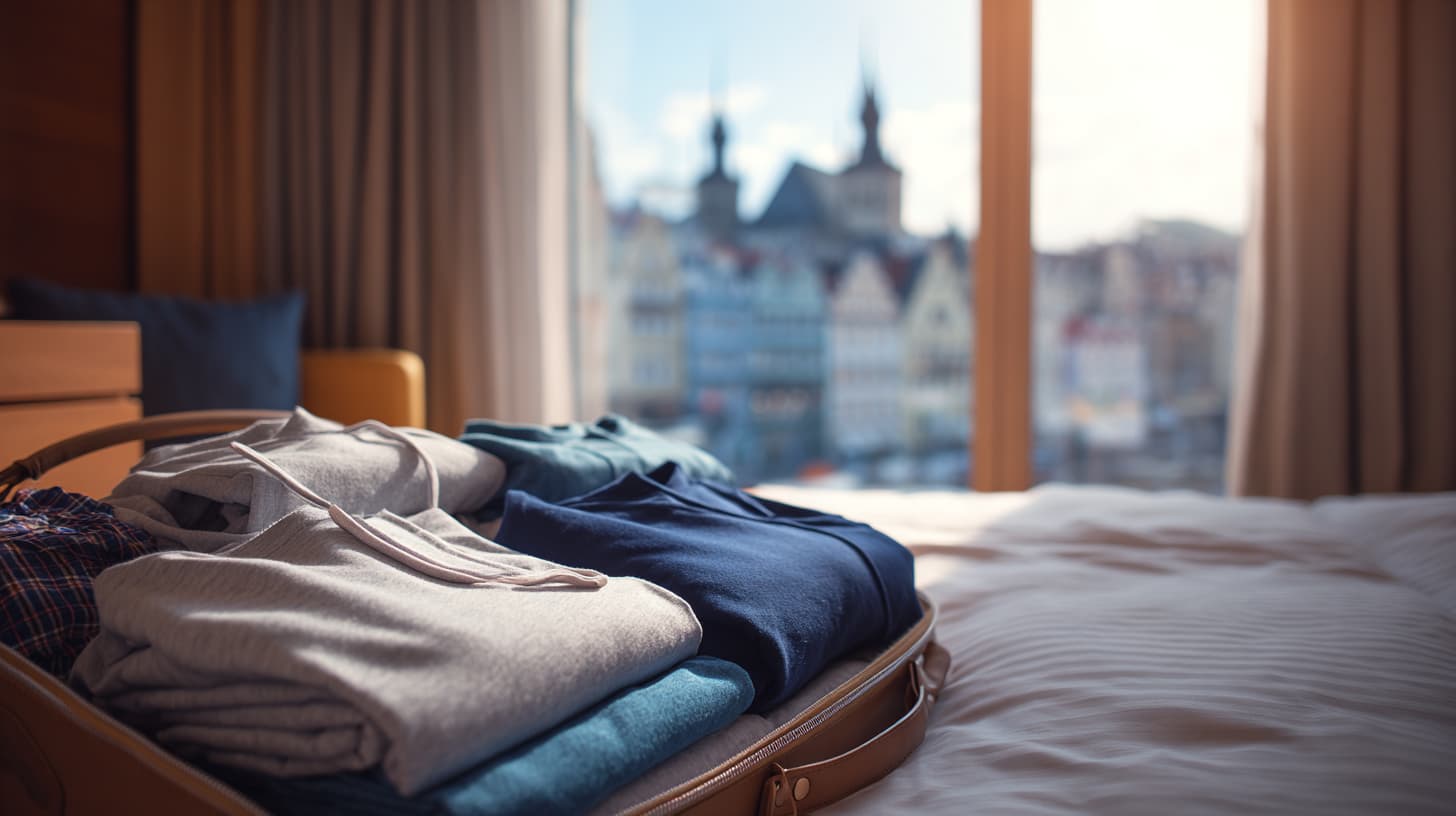 Weekend bag open on hotel bed with cotton t-shirts and hoodie visible, European city view through window