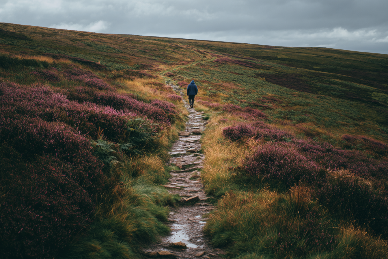 Walker wearing midweight 300 GSM cotton hoodie on UK hill path in autumn conditions with waterproof shell in pack