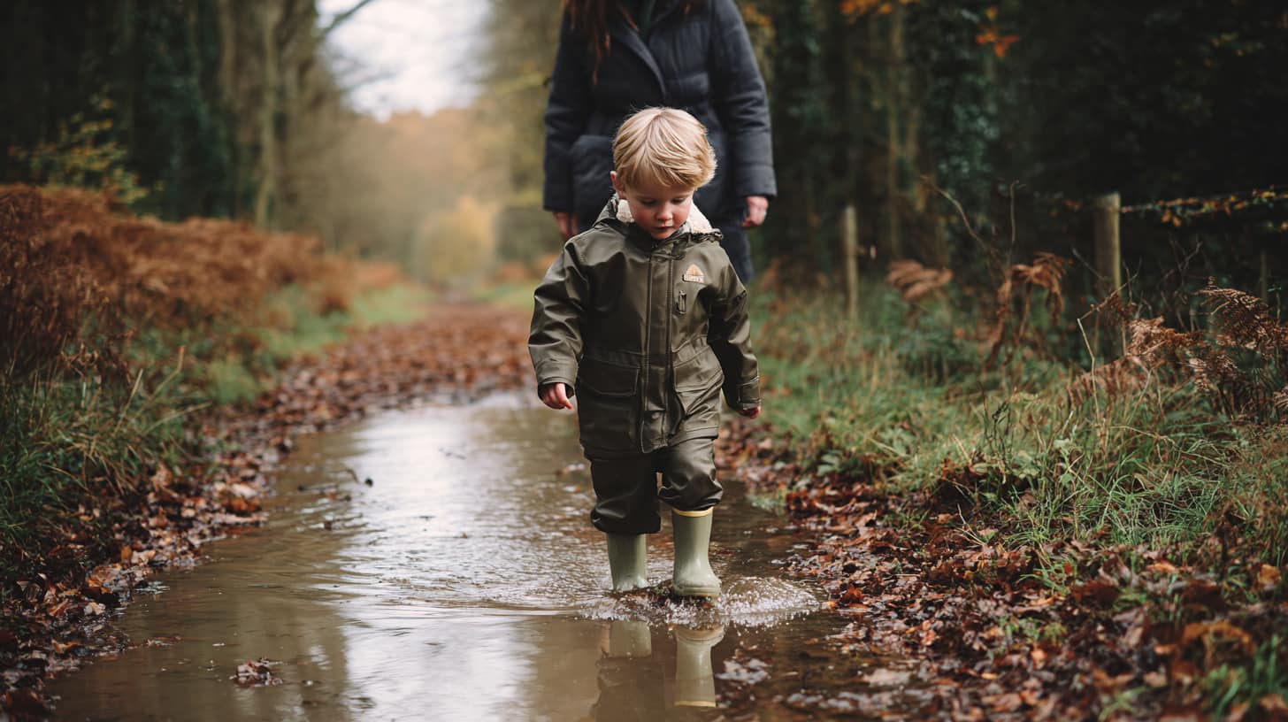  Young child in wellies walking through shallow puddle on a woodland path, parent walking behind, autumn leaves on ground, soft overcast light filtering through trees, English countryside woodland
