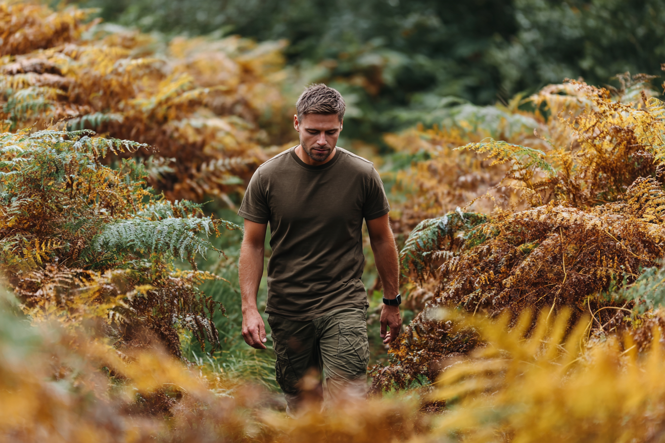 Hiker wearing sustainable cotton t-shirt on Lake District footpath in early autumn with ferns and bracken