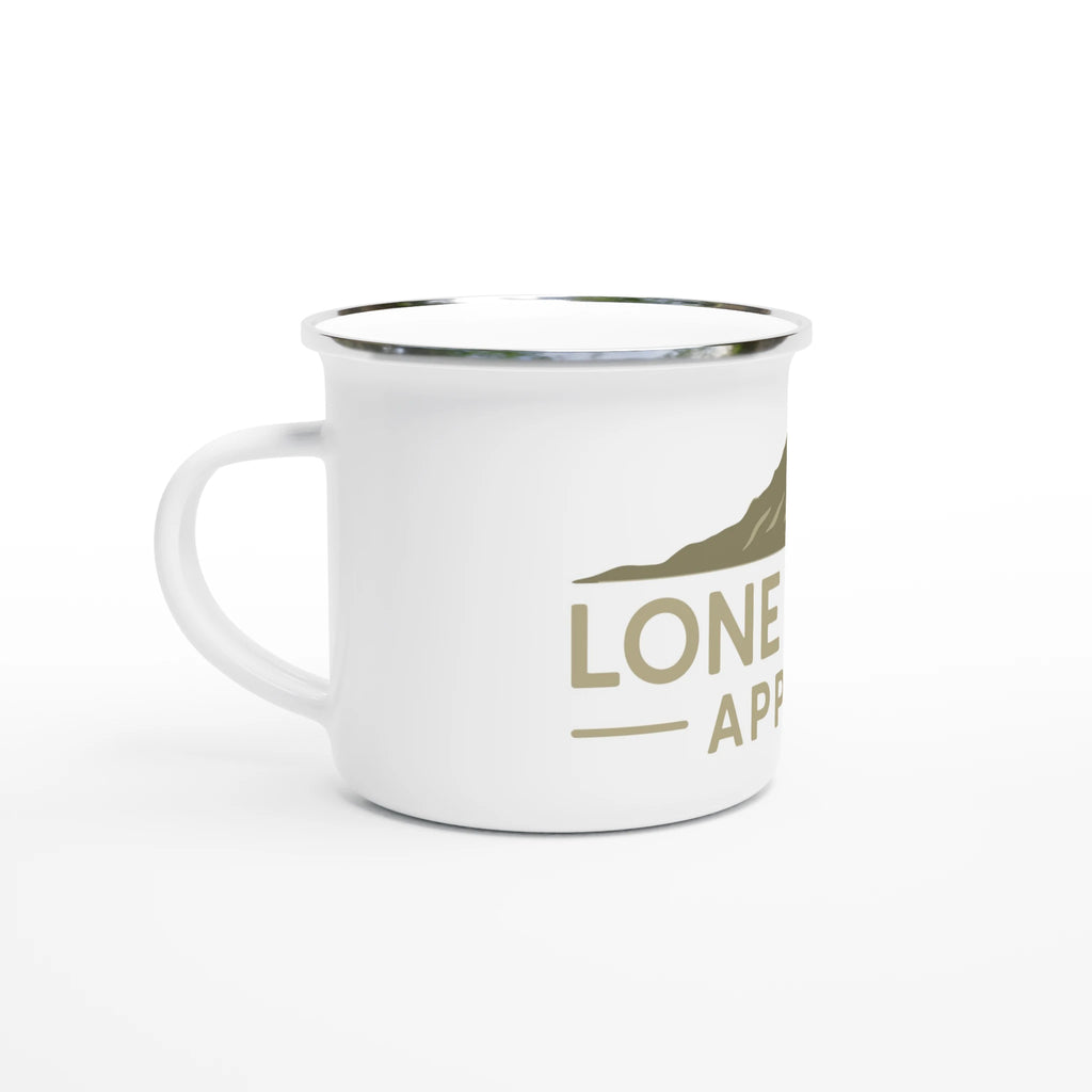 White mug with 'Lone' text and mountain graphic on a white background