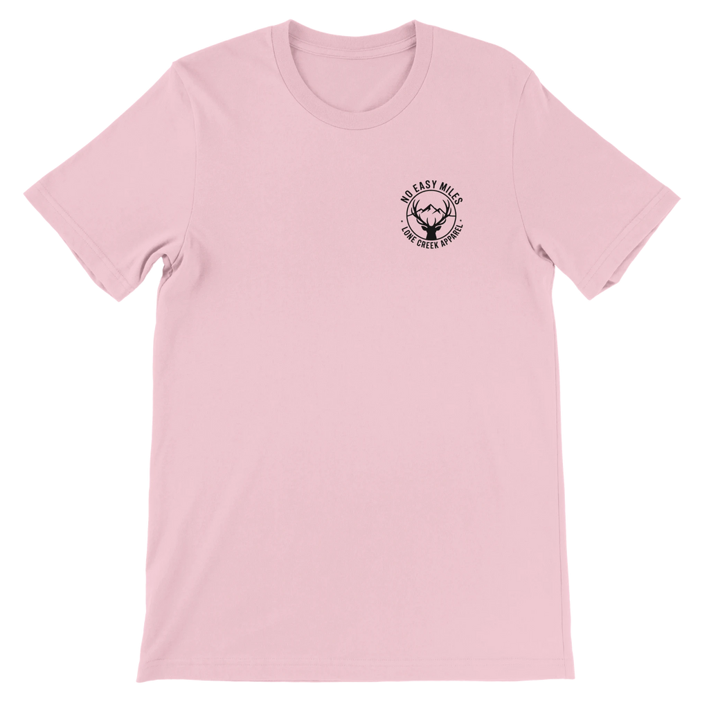Pink t-shirt with a black logo on a white background
