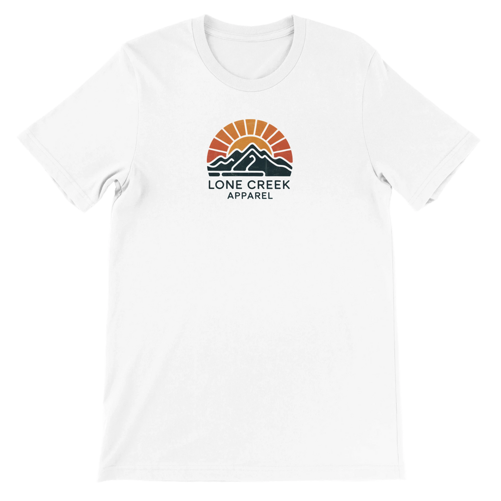 White t-shirt with Lone Creek Apparel logo on a white background