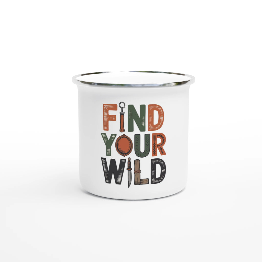 White mug with 'Find Your Wild' text on a white background