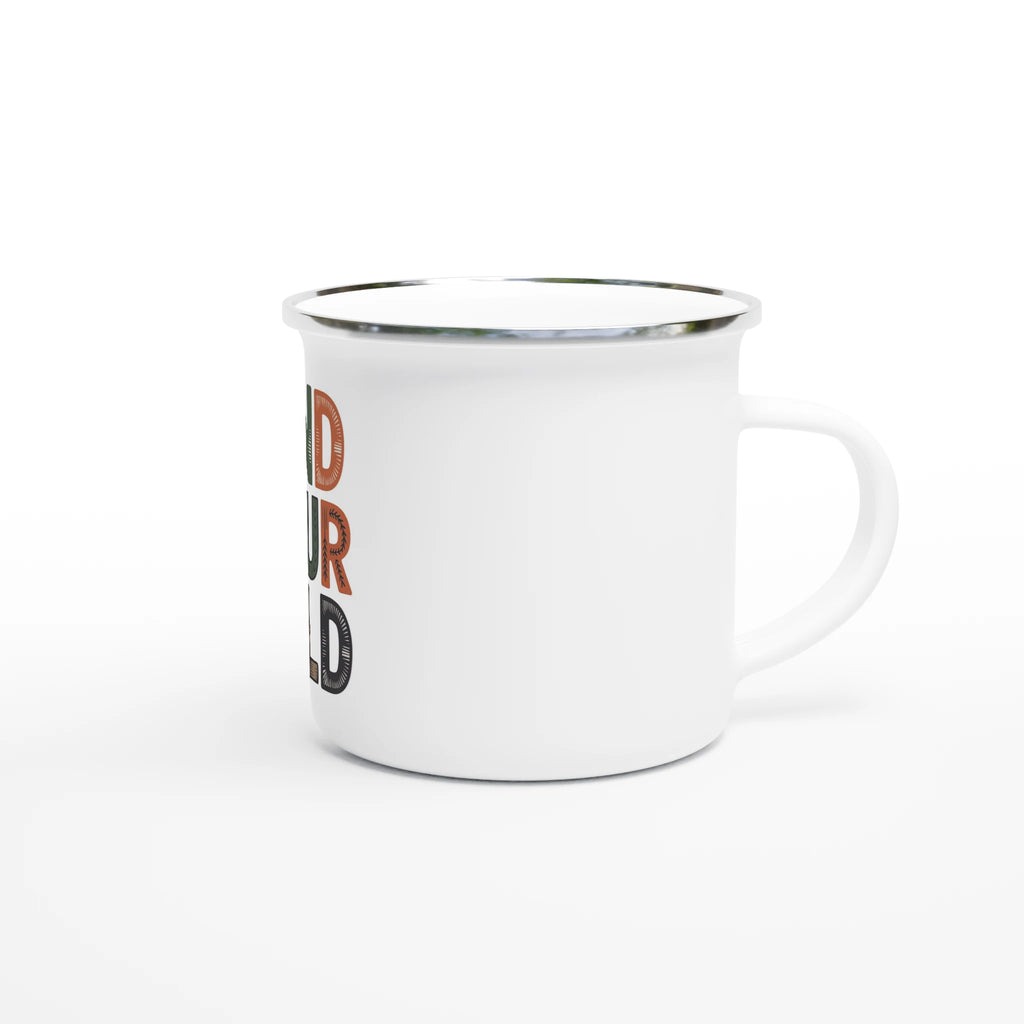 White mug with text on a white background