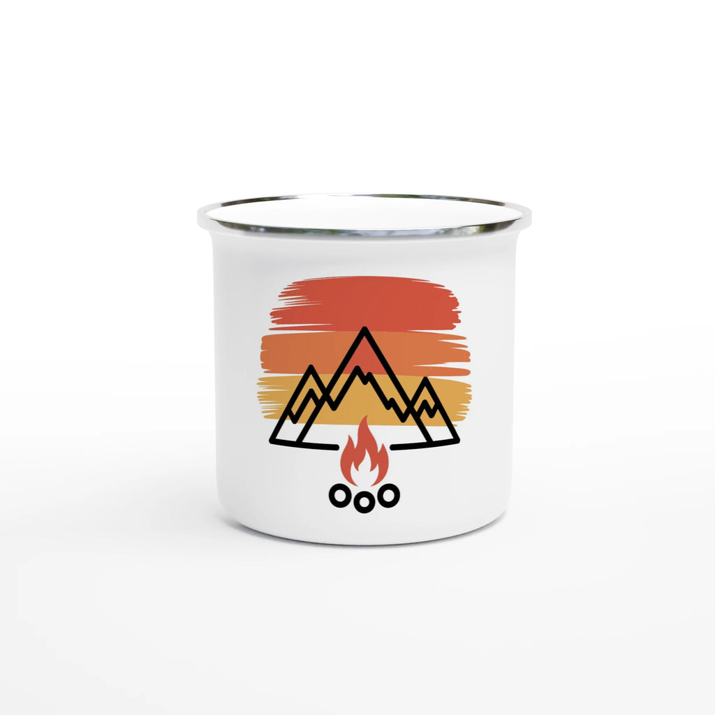 White mug with mountain and campfire design on a white background