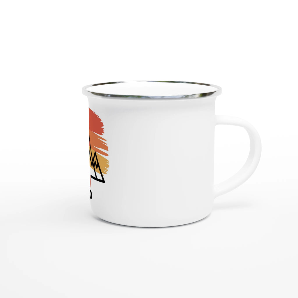 White mug with a colorful design on a white background